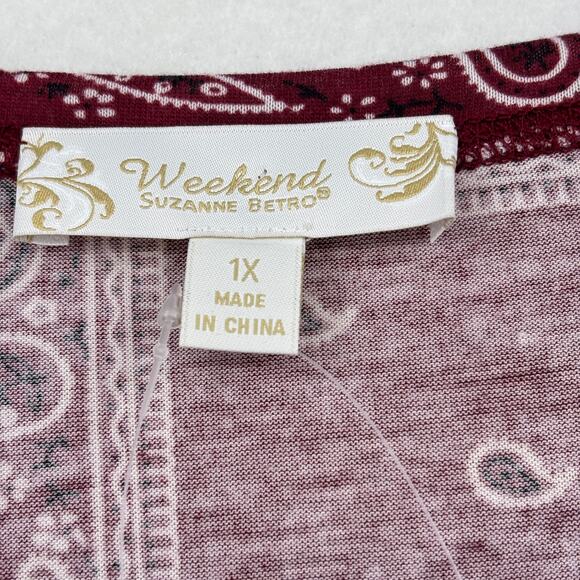 Weekend Suzanne Betro Blouse 1X Red Paisley Bandana Print Tie Sleeve Stretch - Picture 3 of 13